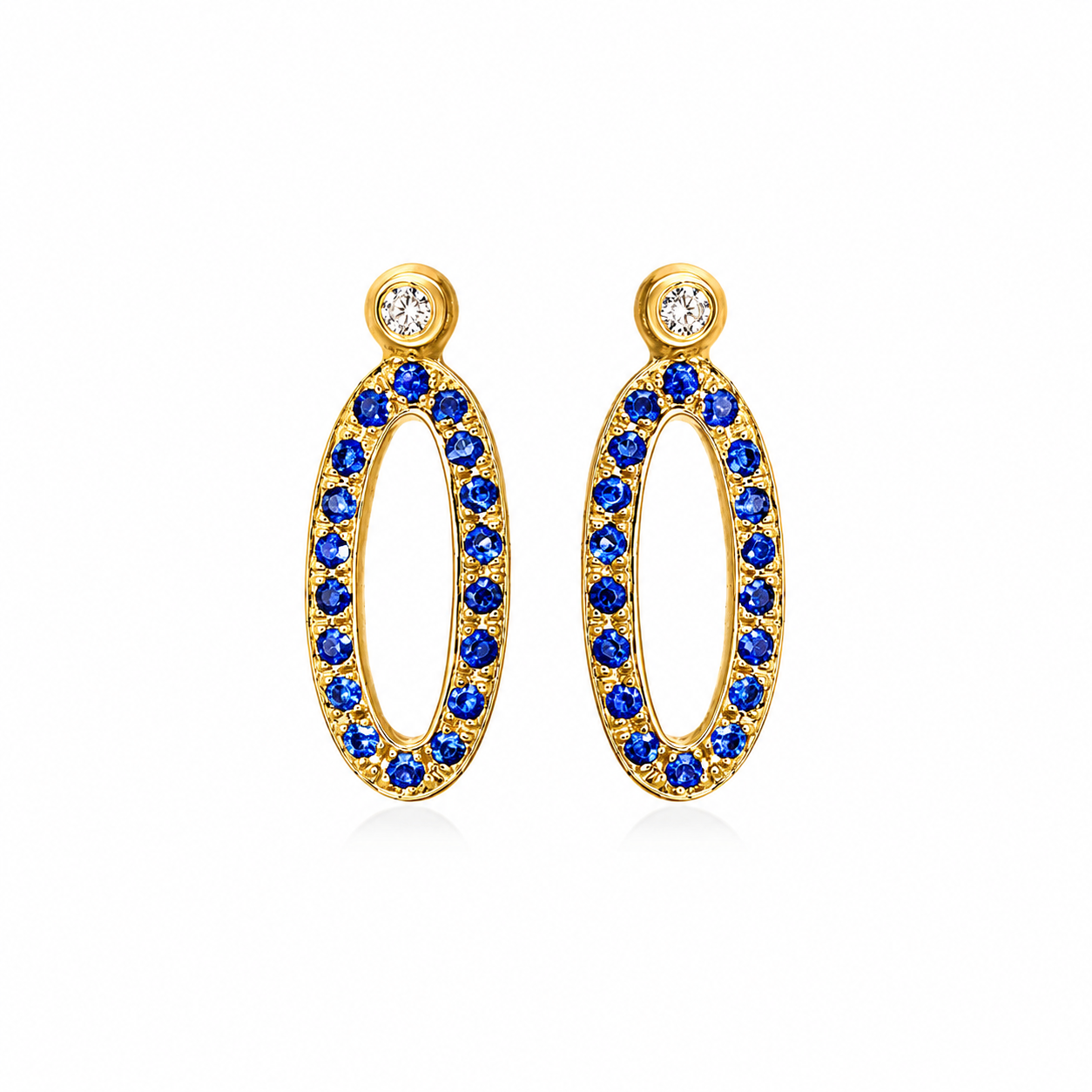 Blue Sapphire Oval Drops - 18K Gold Earrings with Blue Sapphires & Diamonds by Bed of Stones Jewelry