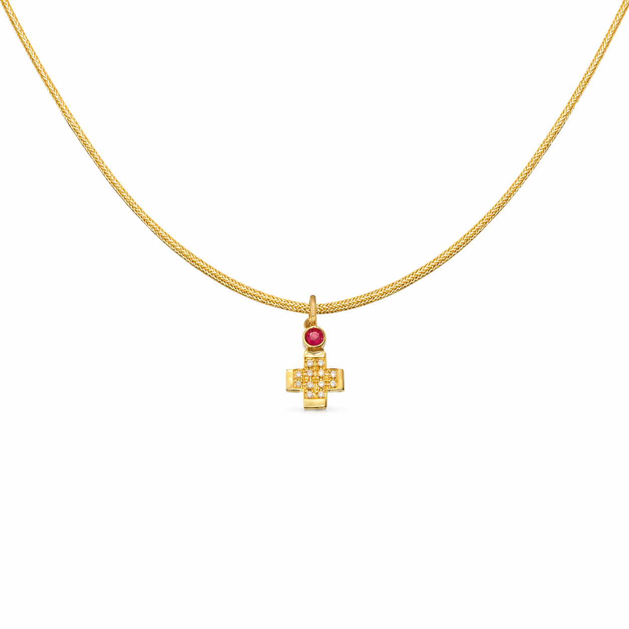 Σταυρός Pavé Gem – Λευκό Διαμάντι & Ρουμπίνι