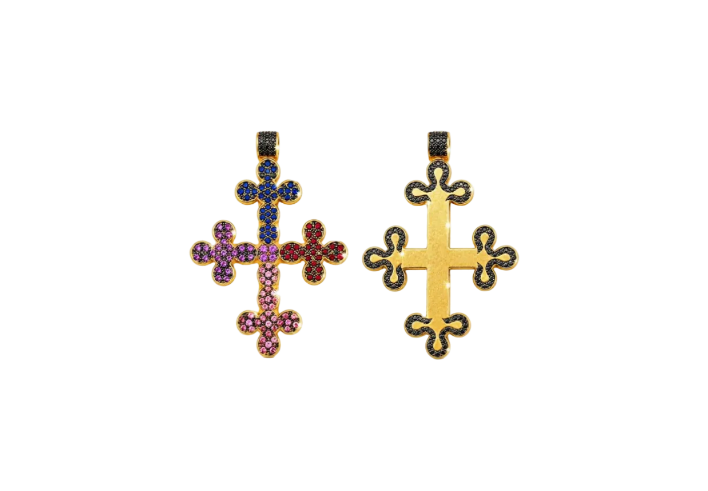 Twinned Radiance reversible 18K gold cross pendant, front and back view — multicolor pavé blue sapphire, amethyst, ruby, and pink sapphire on one side, black diamond pavé on the reverse