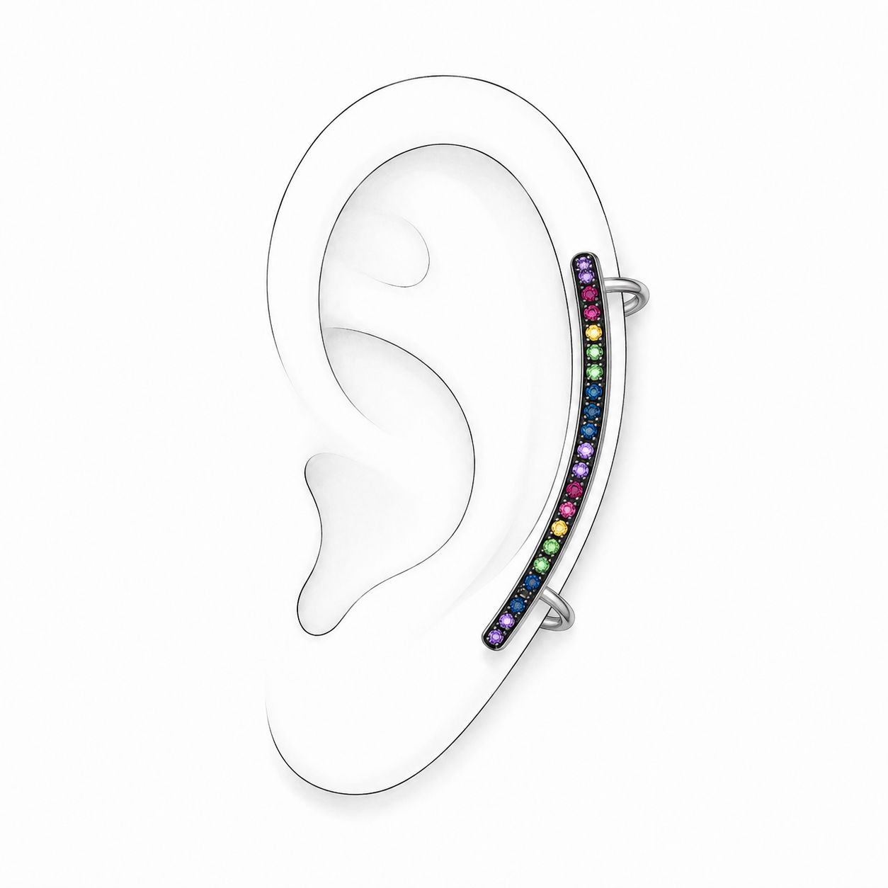 Radiant Curve Ear Cuff - Sterling Silver with Multicolour Gemstones by Bed of Stones Jewelry