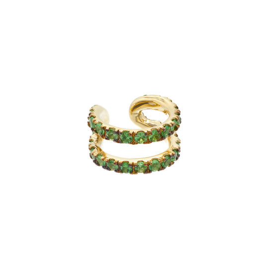Elegant gold ear cuff with vivid green tsavorite gemstones by Bed of Stones Jewelry
