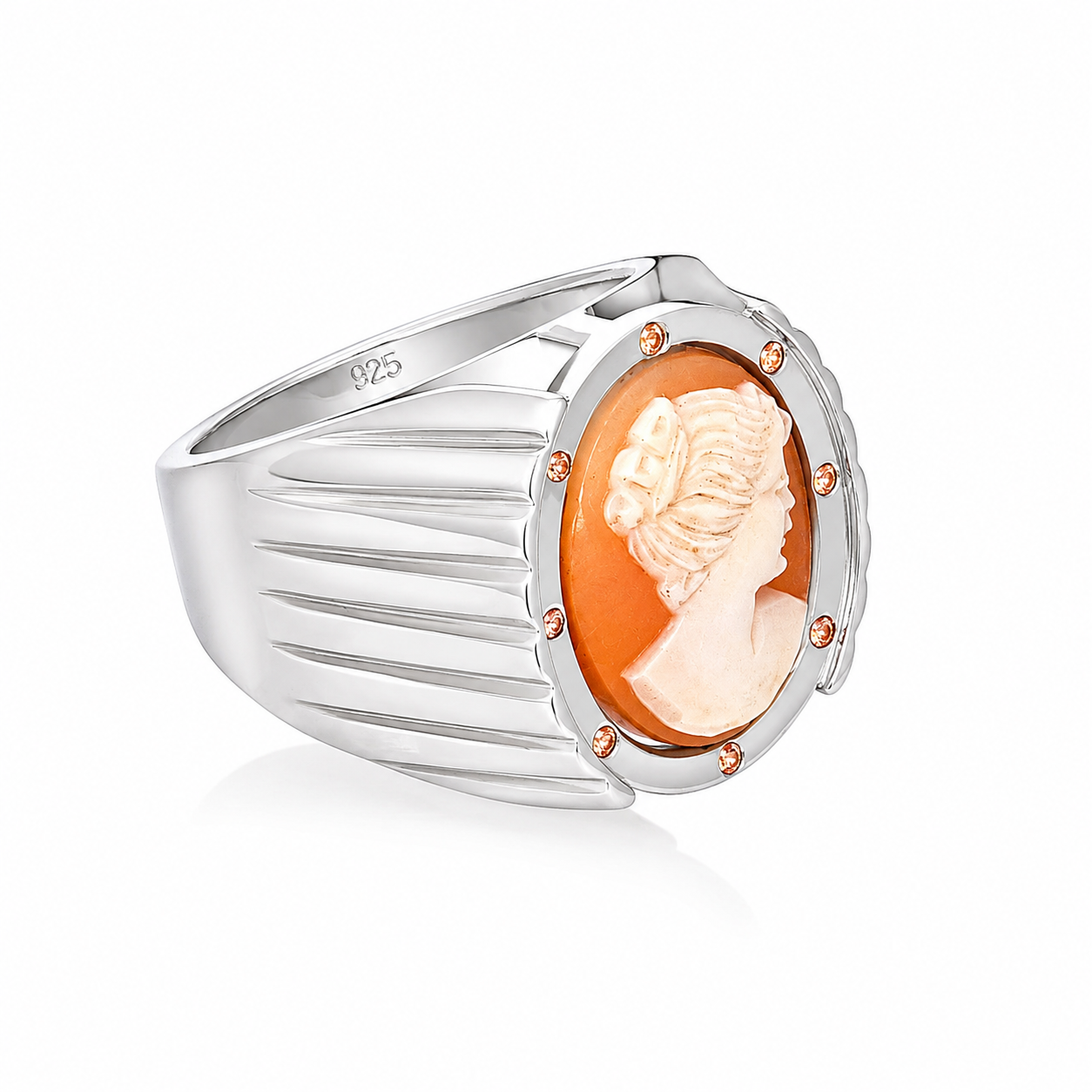 Cameo Reverie - Sterling Silver (925) Ring with Cameo & Orange Sapphires by Bed of Stones Jewelry