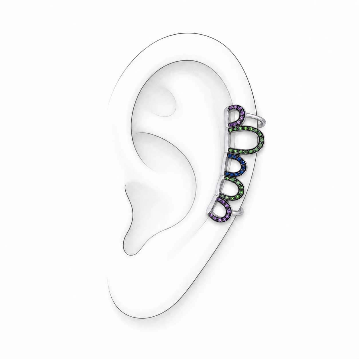 Chromatic Chain Ear Cuff - Sterling Silver with Multi colour Gemstones