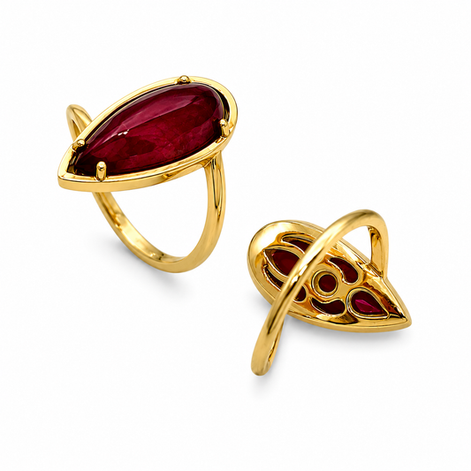 Crimson Almond - 18K Gold Ring with Indian Ruby