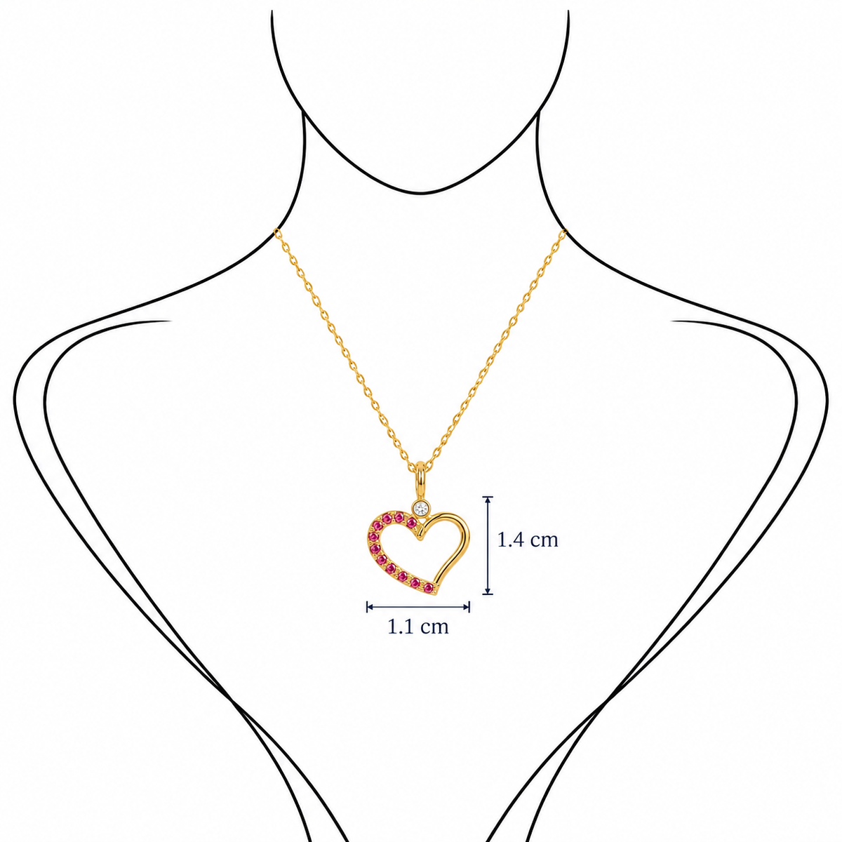 Rosé Heart - 18K Gold Pendant with Pink Sapphire & Diamond by Bed of Stones Jewelry, illustration showing pendant placement