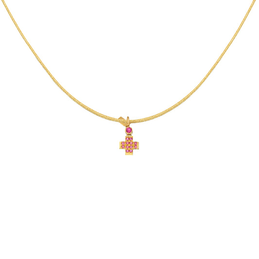 Pendant Cross,small,18 in k yellow gold & pink sapphire  0.072ct & 0.044ct