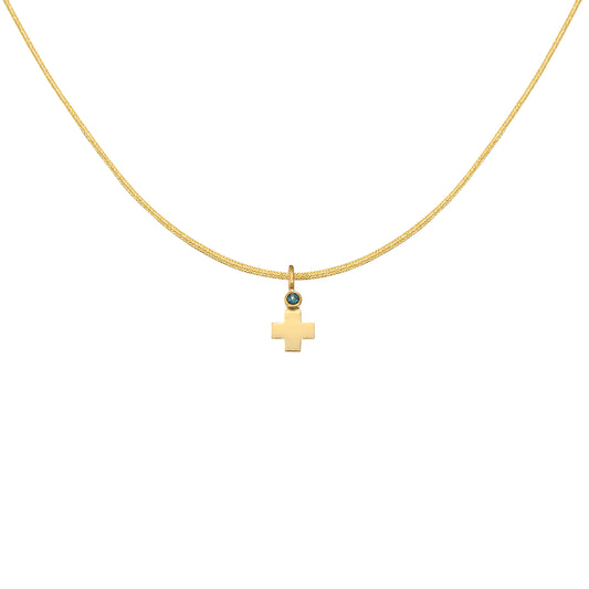 Pendant Cross, small, in 18k yellow gold & blue topaz 0.044ct