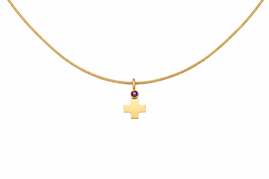 Gem Cross Charm - 18K Gold Cross Pendant with Amethyst