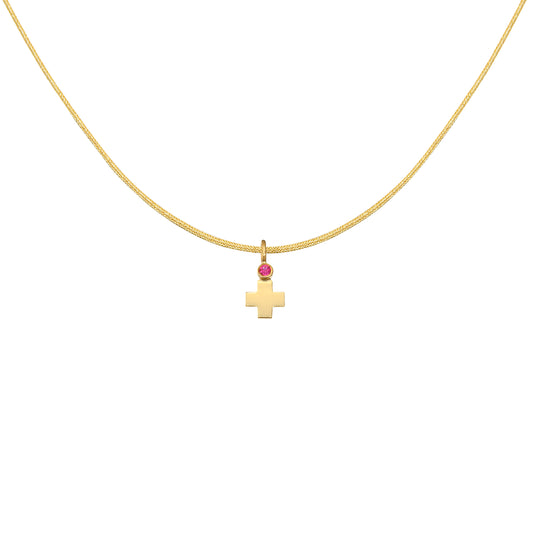 Pendant Cross ,samll, in 18k yellow gold & pink sapphire0.044ct