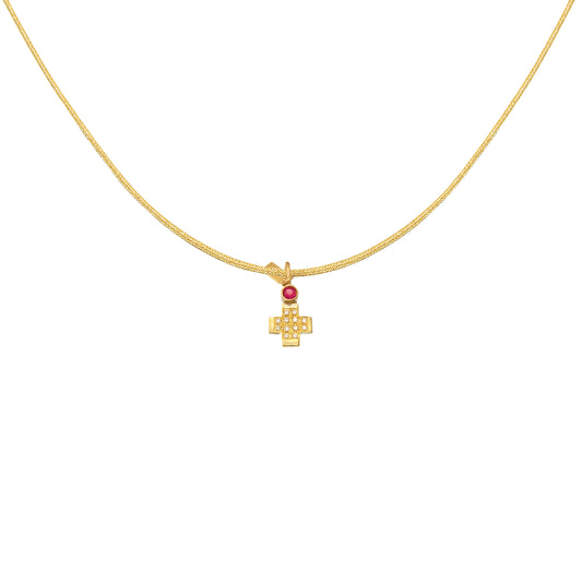 Pendant Cross small in  18k yellow gold, diamonds 0.029 ct  &  ruby 0.044ct
