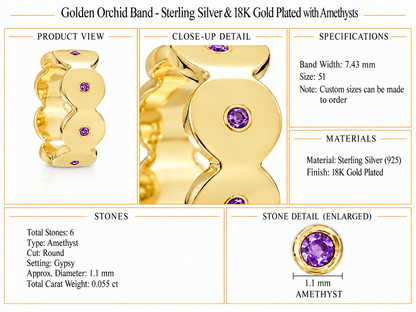 Golden Orchid Band - Sterling Silver & 18K Gold Plated with Amethysts by Bed of Stones Jewelry, product dimensions and stone details diagram
