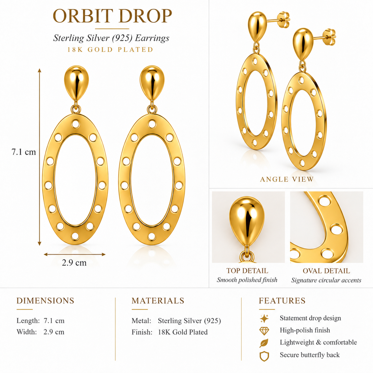 Orbit Drop - Sterling Silver (925) Earrings by Bed of Stones Jewelry, product dimensions diagram