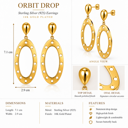 Orbit Drop - Sterling Silver (925) Earrings by Bed of Stones Jewelry, product dimensions diagram