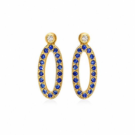 Blue Sapphire Oval Drops - 18K Gold Earrings with Blue Sapphires & Diamonds by Bed of Stones Jewelry
