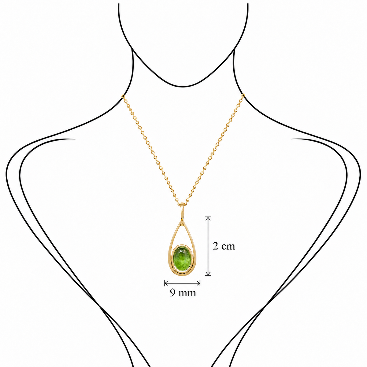 Verdant Drop - 18K Gold Pendant with Green Tourmaline by Bed of Stones Jewelry, illustration showing pendant placement