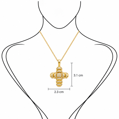 Divine Mosaic - 18K Gold Cross Pendant with Diamonds by Bed of Stones Jewelry, illustration showing pendant placement