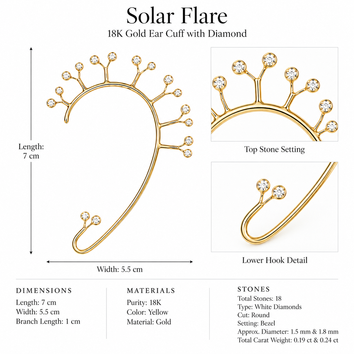 Solar Flare - 18K Gold Ear Cuff with Diamond by Bed of Stones Jewelry, product dimensions and stone details diagram