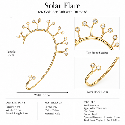 Solar Flare - 18K Gold Ear Cuff with Diamond by Bed of Stones Jewelry, product dimensions and stone details diagram
