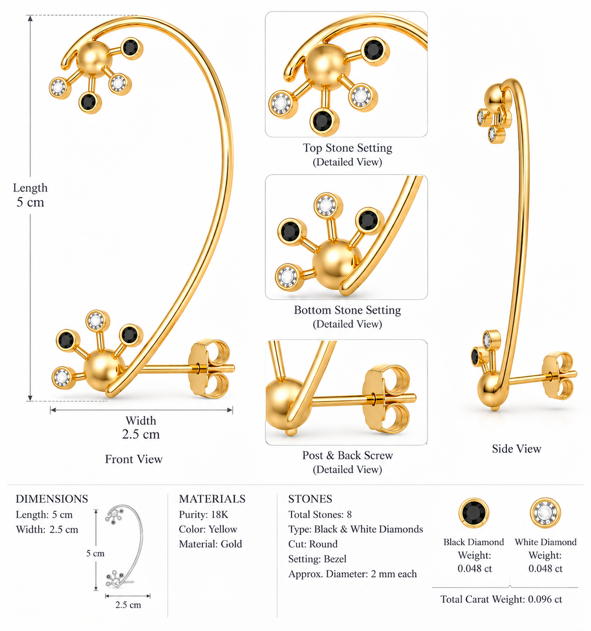 Nova Loop - 18K Gold Ear Cuff with Black & White Diamonds by Bed of Stones Jewelry, product dimensions and stone details diagram