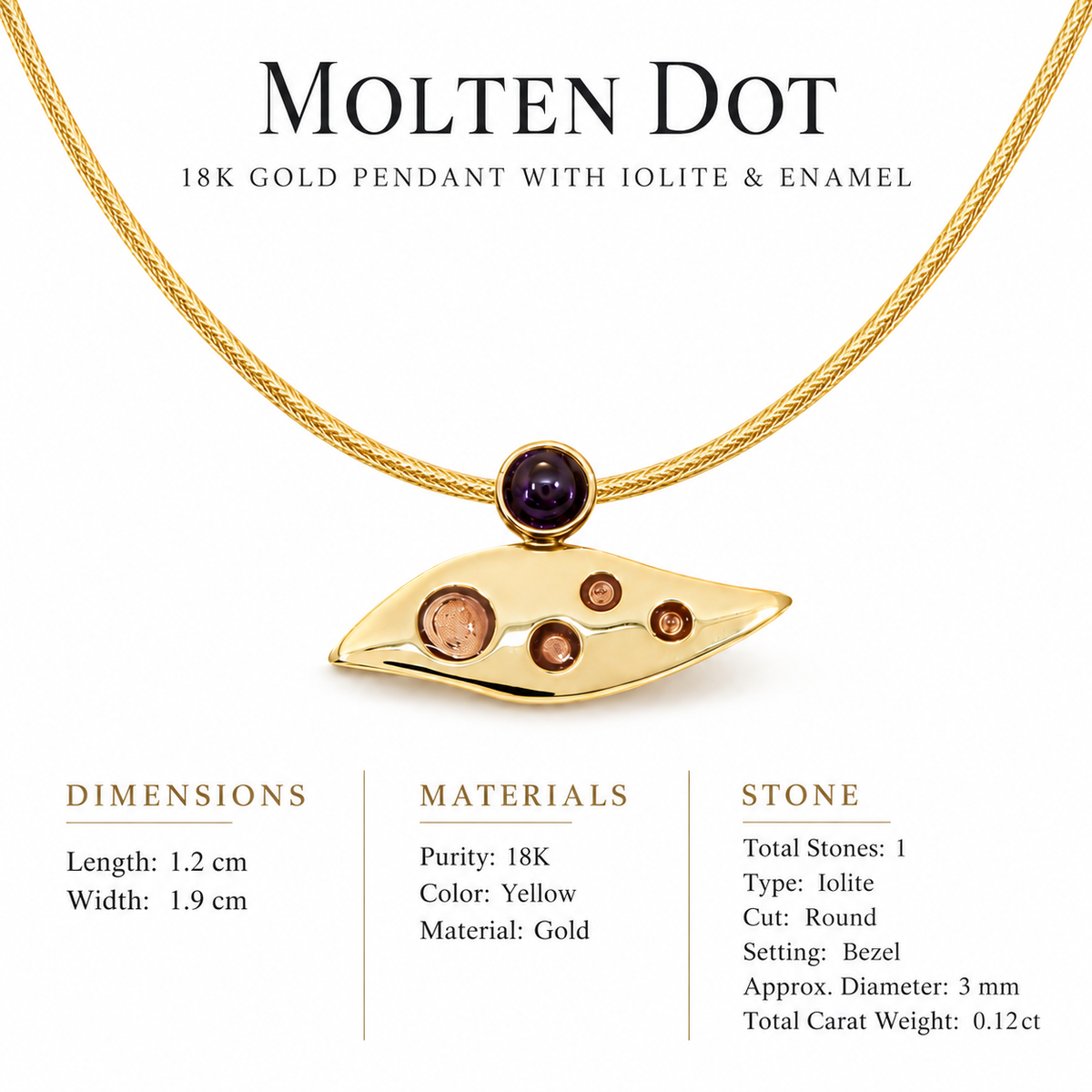 Molten Dot - 18K Gold Pendant with Iolite & Enamel by Bed of Stones Jewelry, close-up of iolite bezel setting with product dimensions and stone details diagram