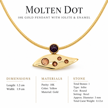 Molten Dot - 18K Gold Pendant with Iolite & Enamel by Bed of Stones Jewelry, close-up of iolite bezel setting with product dimensions and stone details diagram