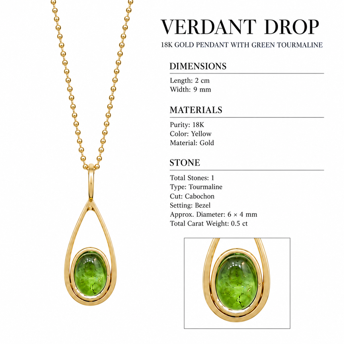 Verdant Drop - 18K Gold Pendant with Green Tourmaline by Bed of Stones Jewelry, close-up of cabochon-cut green tourmaline bezel setting with product dimensions and stone details diagram