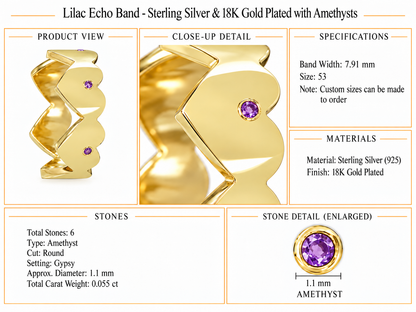 Lilac Echo Band - Sterling Silver & 18K Gold Plated with Amethysts by Bed of Stones Jewelry, product dimensions and stone details diagram