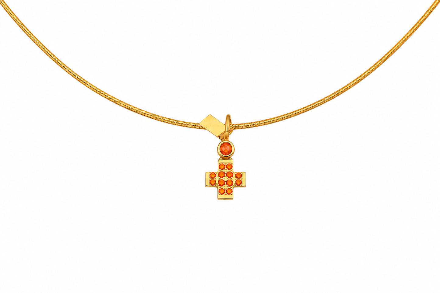 Pavé Gem Cross - 18K Gold Cross Pendant with Orange Sapphire