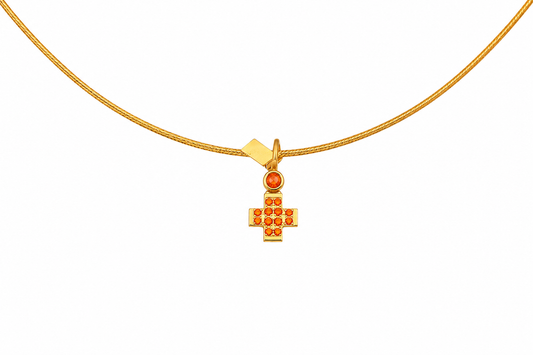 Pavé Gem Cross - 18K Gold Cross Pendant with Orange Sapphire
