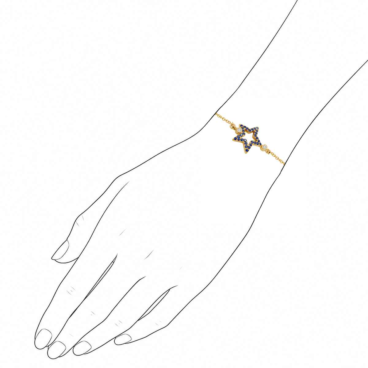 Midnight Spark - 18K Gold Bracelet with Blue Sapphires & Diamond by Bed of Stones Jewelry, illustration showing wrist placement