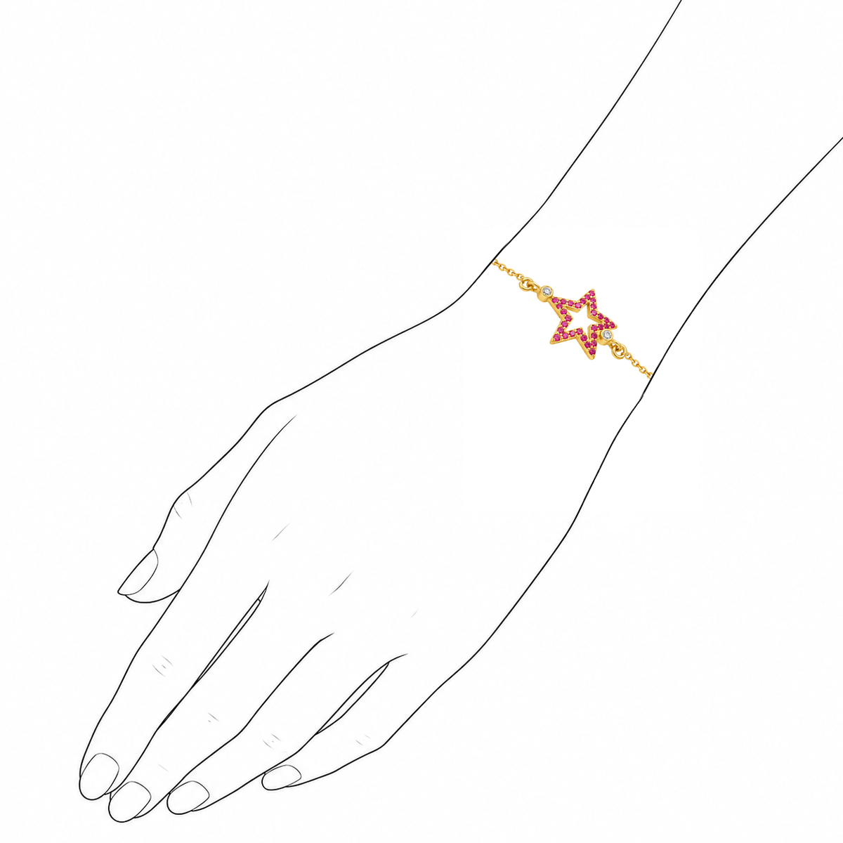 Stellar Bloom - 18K Gold Bracelet with Rubies & Diamond by Bed of Stones Jewelry, illustration showing wrist placement