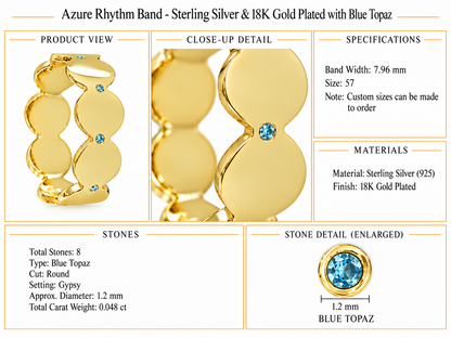 Azure Rhythm Band - Sterling Silver & 18K Gold Plated with Blue Topaz by Bed of Stones Jewelry, product dimensions and stone details diagram