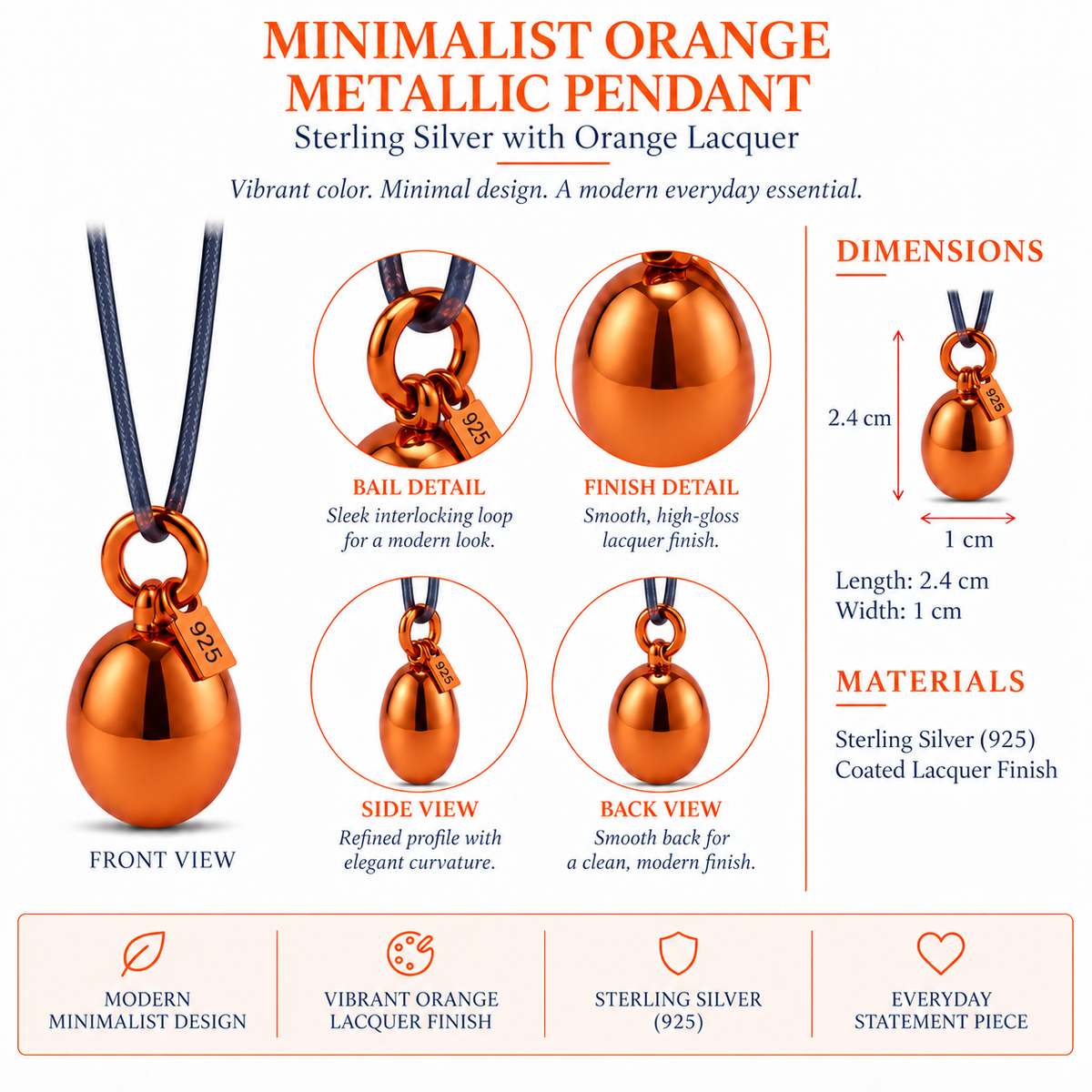 Minimalist Orange Metallic Pendant - Sterling Silver with Orange Lacquer by Bed of Stones Jewelry, product dimensions diagram