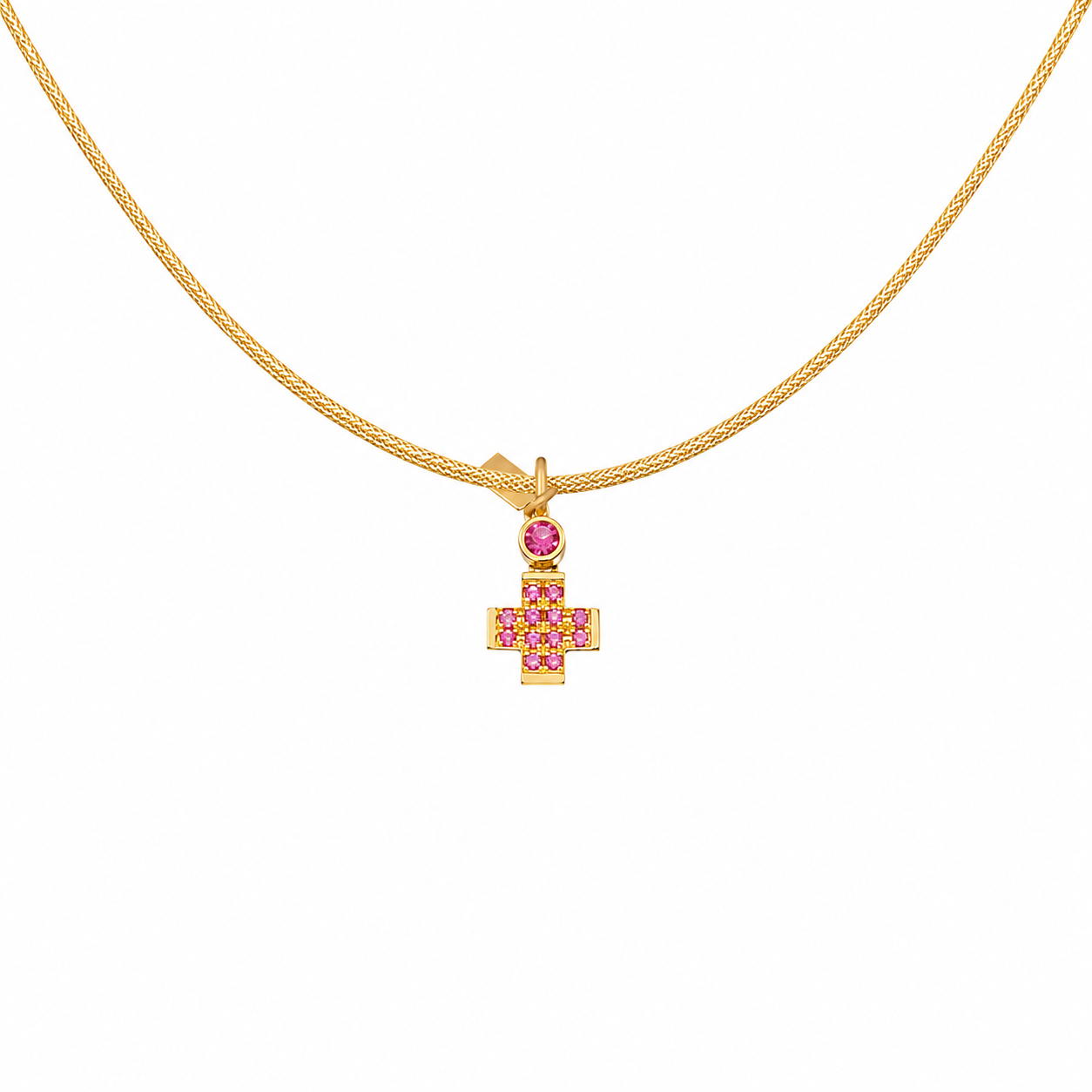 Pavé Gem Cross - 18K Gold Cross Pendant with Pink Sapphire