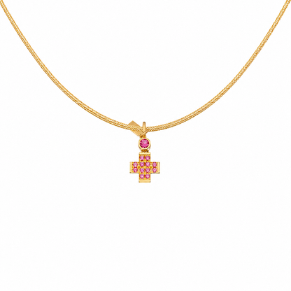 Pavé Gem Cross - 18K Gold Cross Pendant with Pink Sapphire by Bed of Stones Jewelry
