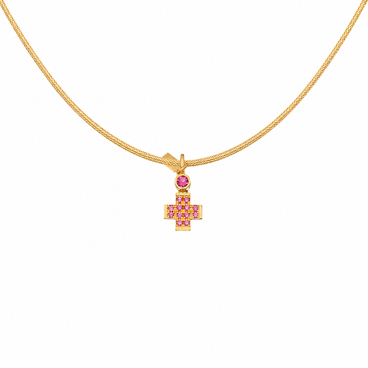 Pavé Gem Cross - 18K Gold Cross Pendant with Pink Sapphire