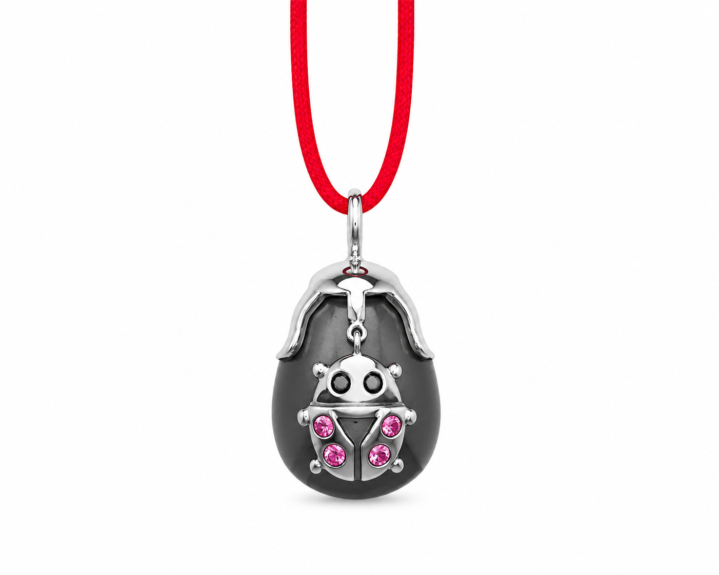 Ladybird Drop Pendant - Sterling Silver, Black Diamond & Pink Sapphire on Freshwater Pearl by Bed of Stones Jewelry
