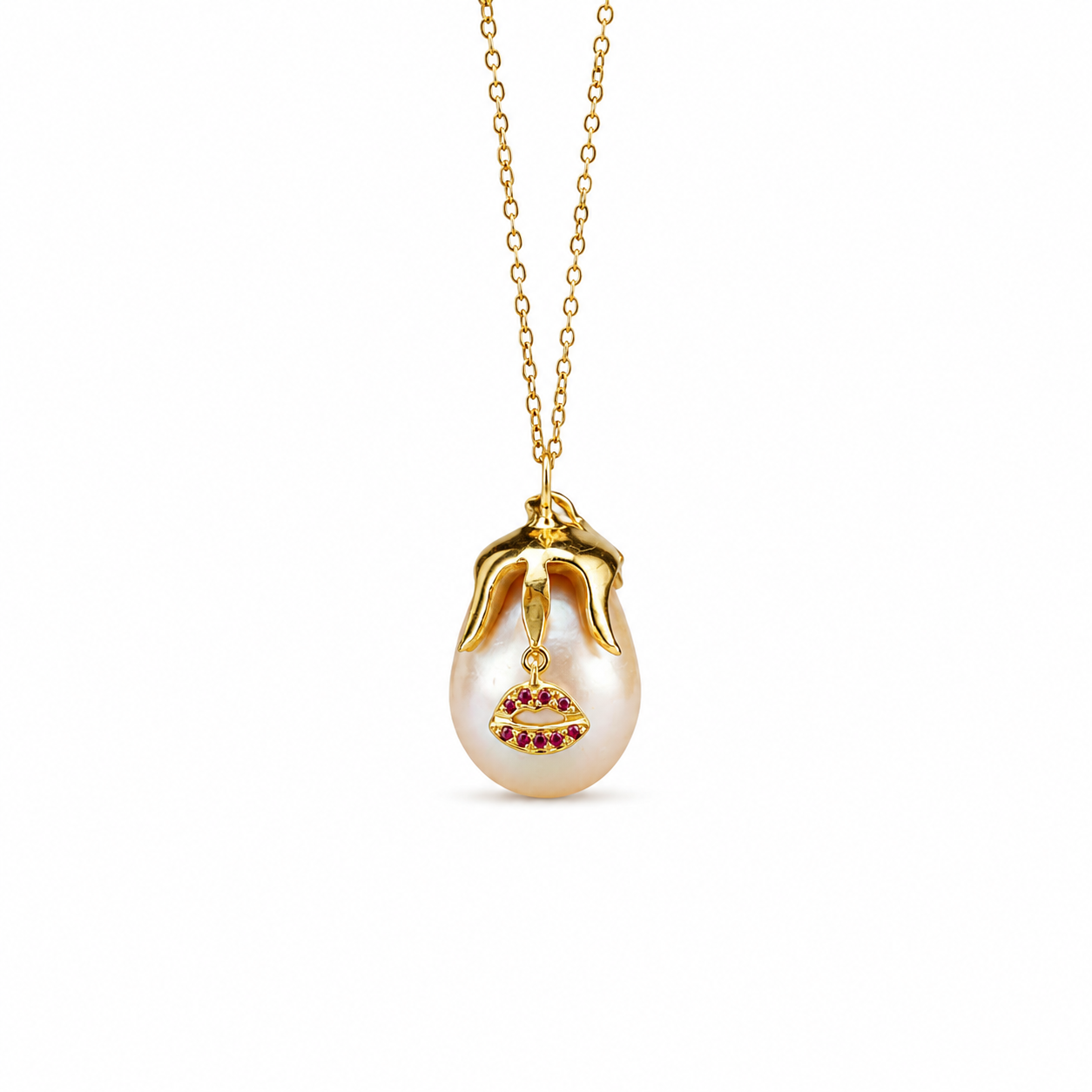 Crimson Kiss Pendant - 18K Gold with Freshwater Pearl & Pink Sapphire