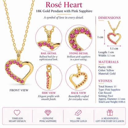 Rosé Heart - 18K Gold Pendant with Pink Sapphire by Bed of Stones Jewelry, close-up of pink sapphire pavé setting with product dimensions and stone details diagram