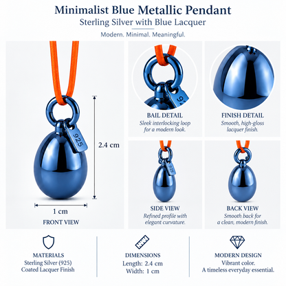 Minimalist Blue Metallic Pendant - Sterling Silver with Blue Lacquer by Bed of Stones Jewelry, product dimensions diagram