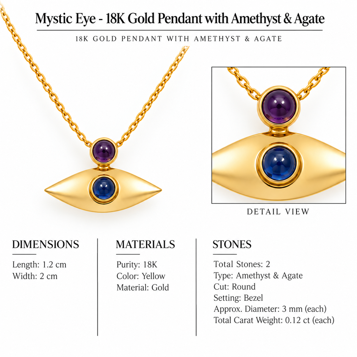 Mystic Eye - 18K Gold Pendant with Amethyst & Agate by Bed of Stones Jewelry, close-up of amethyst and agate bezel setting with product dimensions and stone details diagram