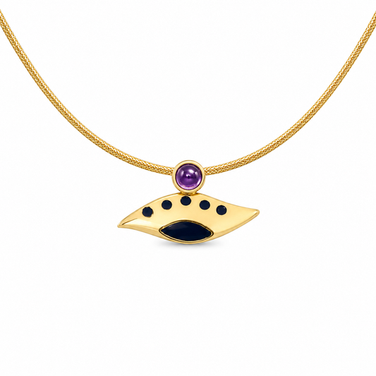 Eye of the Eclipse - 18K Gold Charm Pendant with Amethyst & Enamel