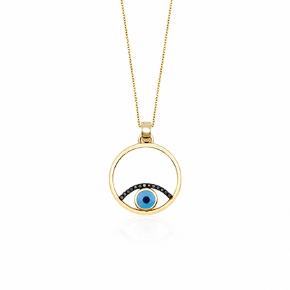 Eclipsed Gaze - 18K Gold Pendant with Enamel Evil Eye & Black Diamonds by Bed of Stones Jewelry
