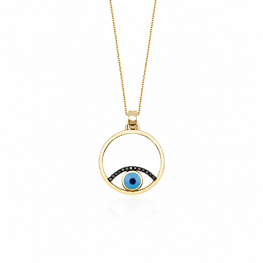 Eclipsed Gaze - 18K Gold Pendant with Enamel Evil Eye & Black Diamonds