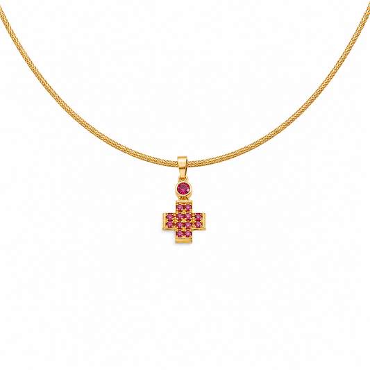Pavé Gem Cross - 18K Gold Cross Pendant with Rubies