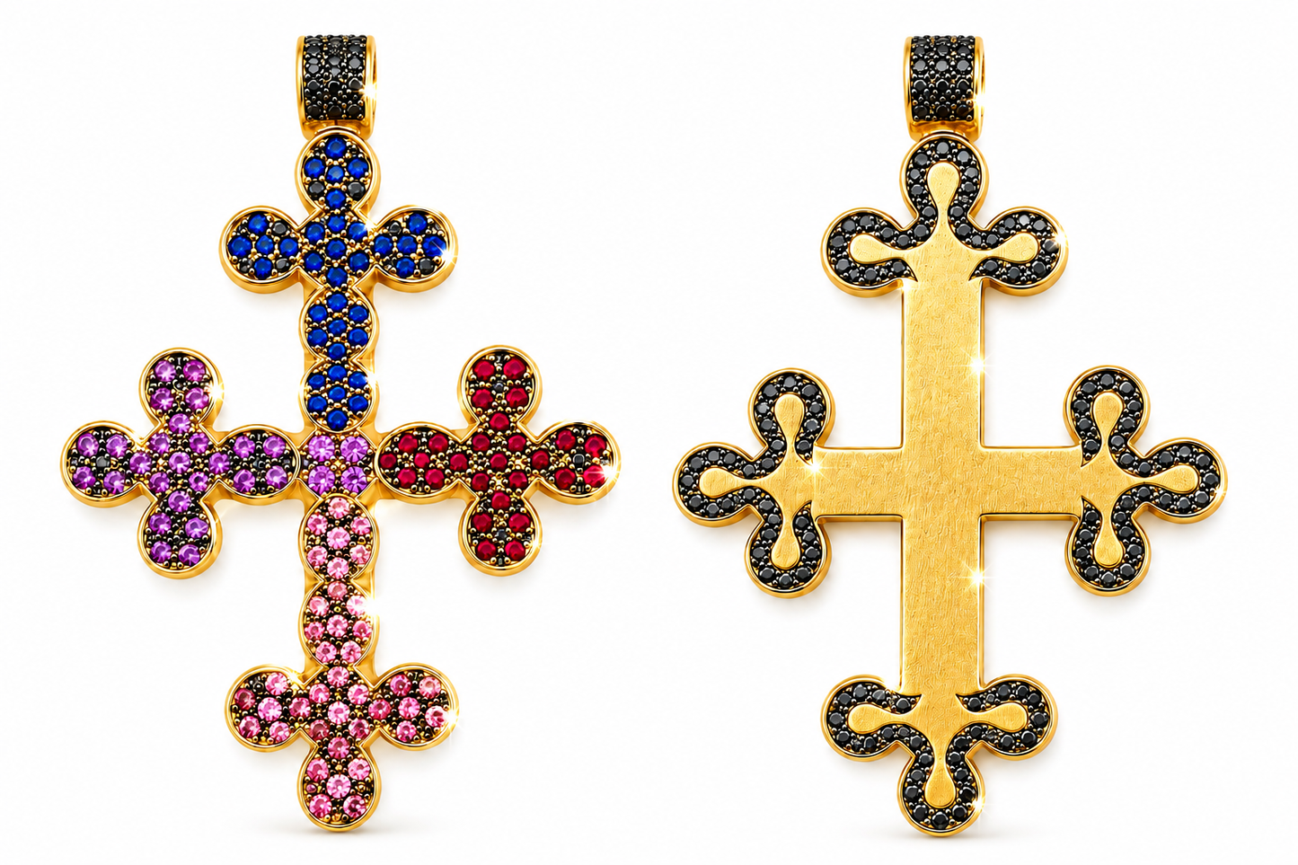 Twinned Radiance reversible 18K gold cross pendant, front and back view — multicolor pavé blue sapphire, amethyst, ruby, and pink sapphire on one side, black diamond pavé on the reverse
