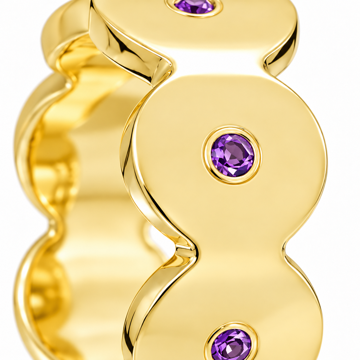 Close-up of round-cut amethyst gypsy setting on Golden Orchid Band Sterling Silver & 18K Gold Plated by Bed of Stones Jewelry