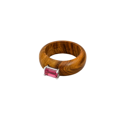 Earthline - Olive Wood & Sterling Silver (925) Ring with Pink Tourmaline by Bed of Stones Jewelry
