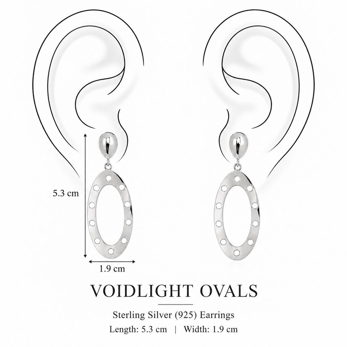 Voidlight Ovals Earrings by Bed of Stones Jewelry, illustration showing ear placement