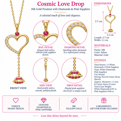 Cosmic Love Drop - 18K Gold Pendant with Diamonds & Pink Sapphire by Bed of Stones Jewelry, close-up of diamond pavé and pink sapphire bezel setting with product dimensions and stone details diagram